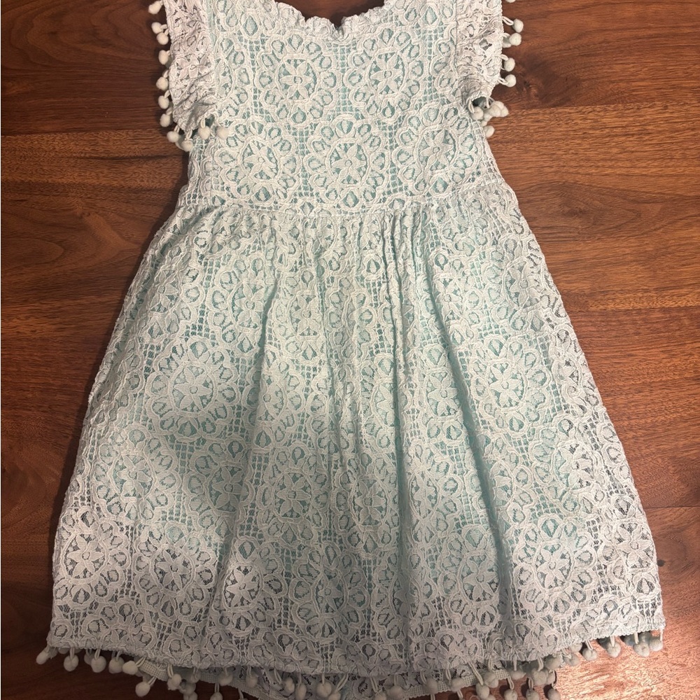 Girls size 5t Light Blue Lace Dress with Pom Trim